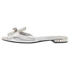 Prada Silver Leather Bow Crystal Embellished Flat Slides Size 41