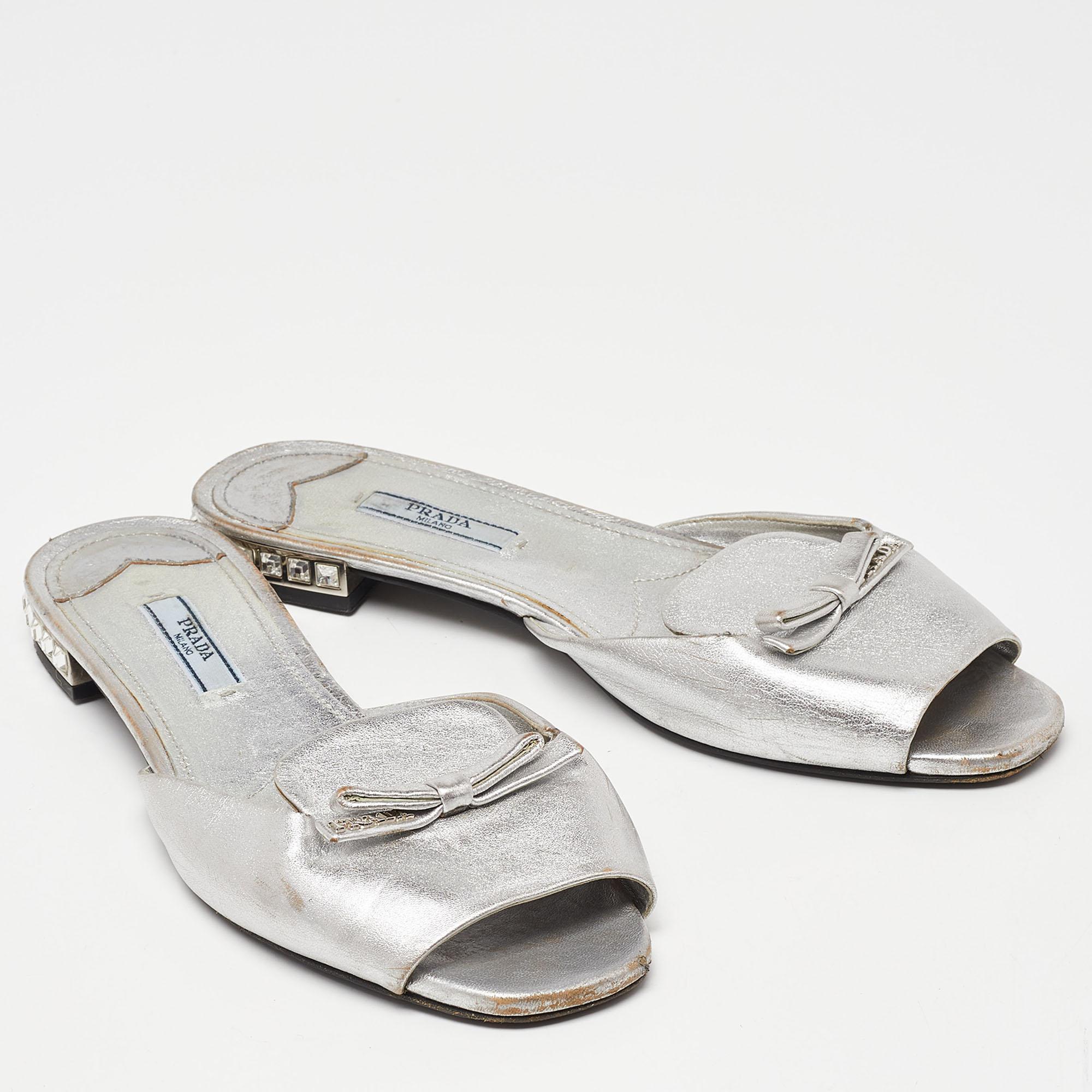 Women's Prada Silver Leather Bow Flat Slides Size 39