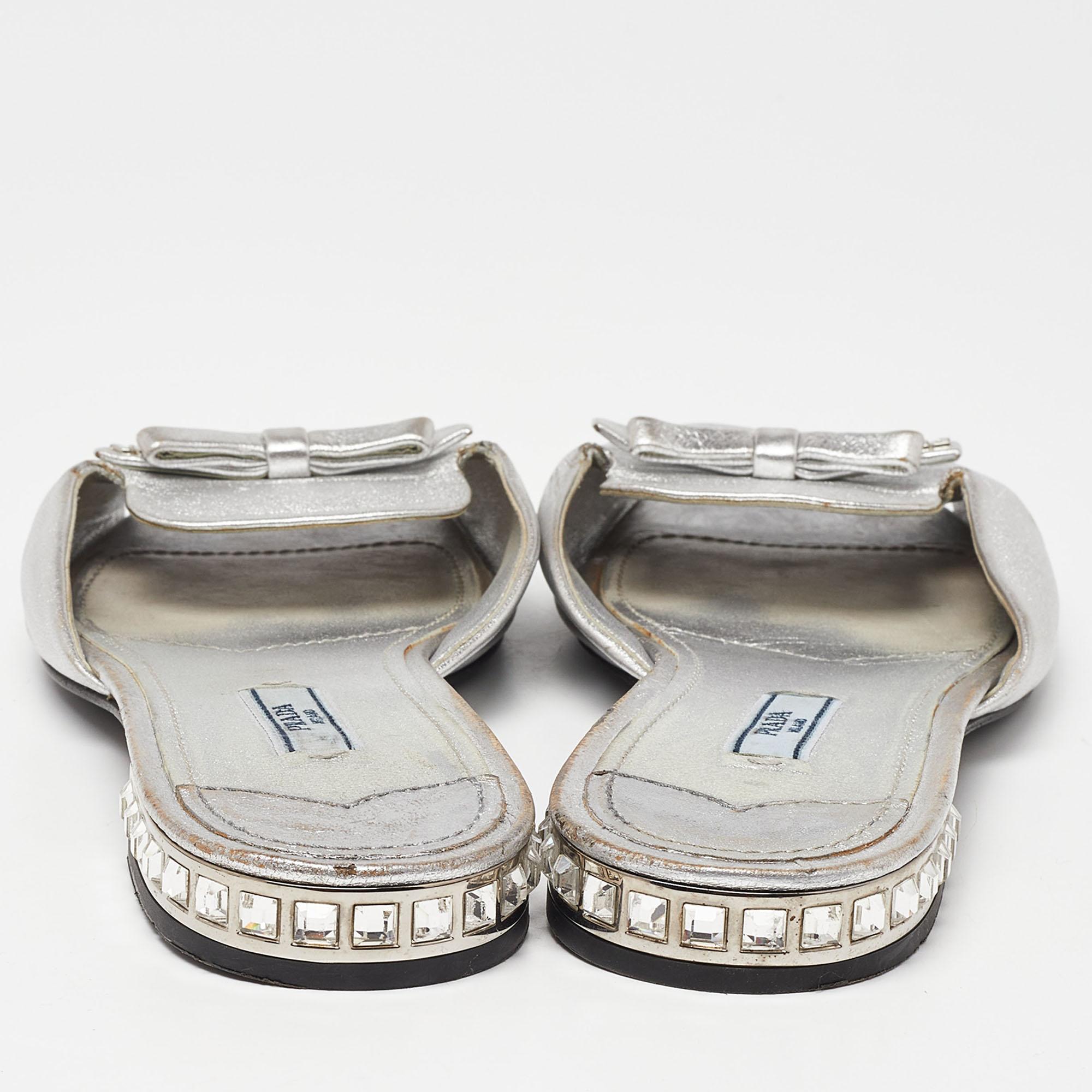Prada Silver Leather Bow Flat Slides Size 39 1