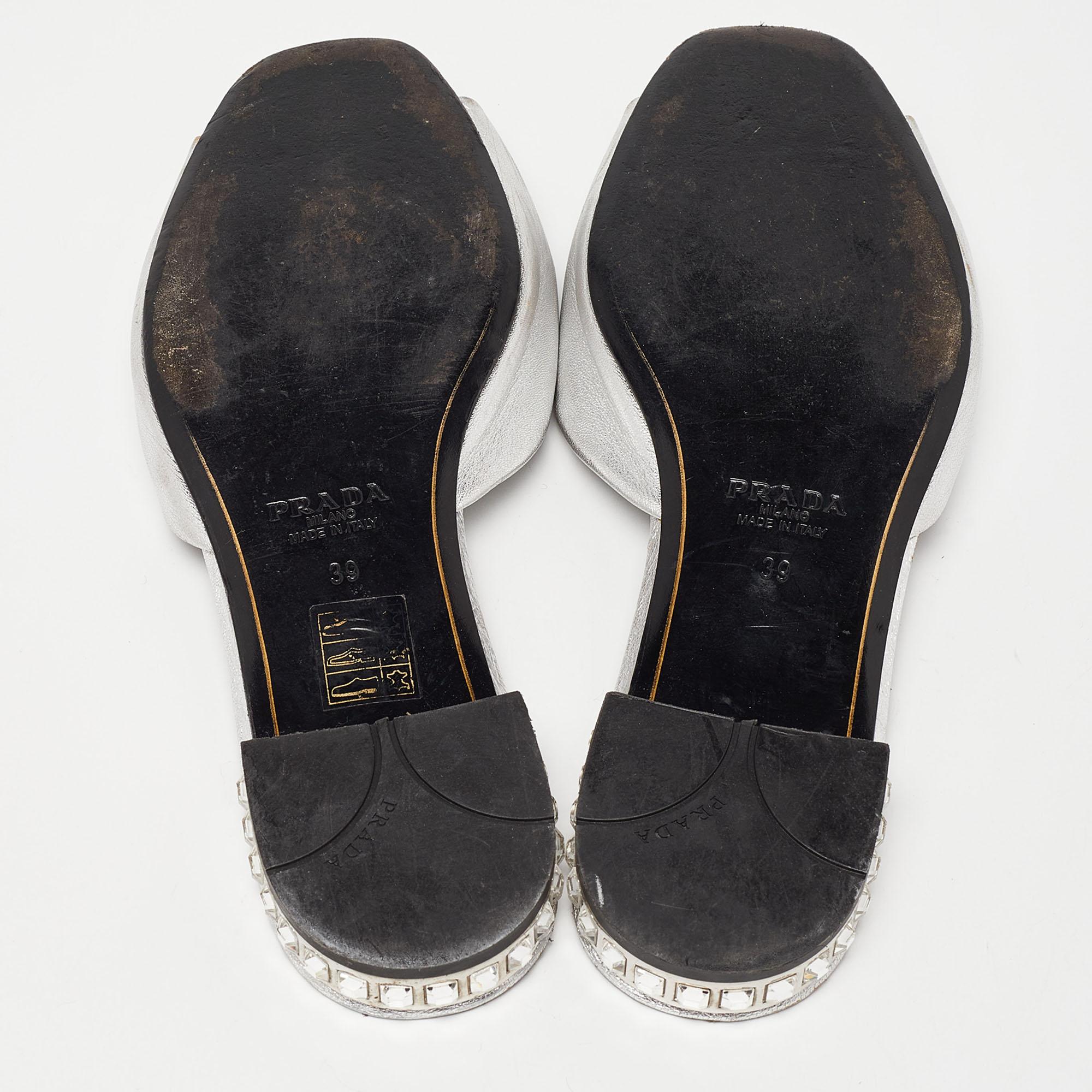 Prada Silver Leather Bow Flat Slides Size 39 2