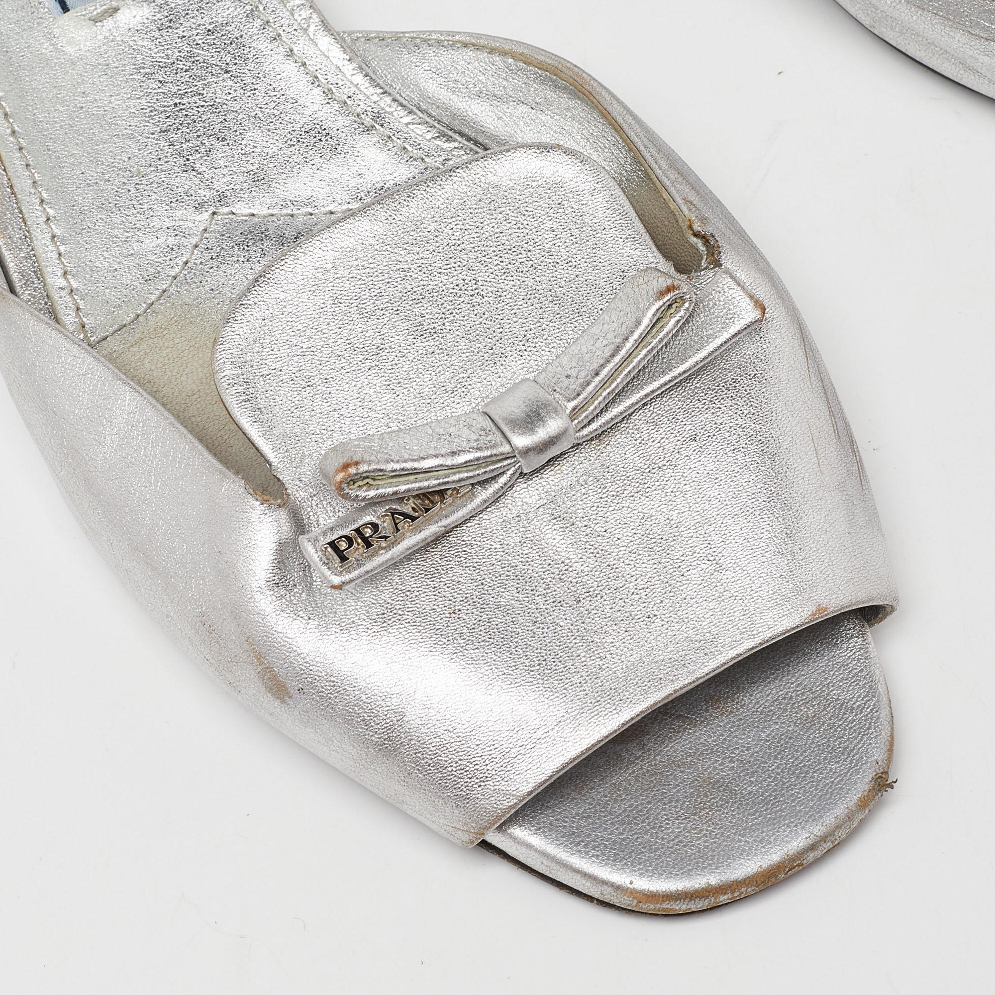 Prada Silver Leather Bow Flat Slides Size 39 3