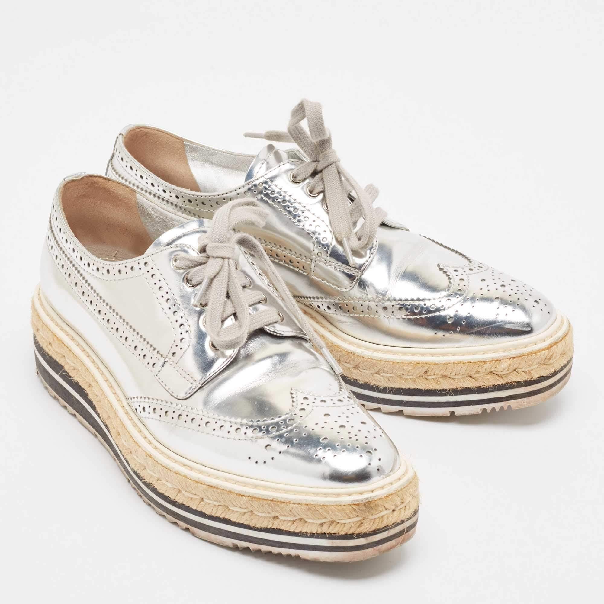 Beige Prada Silver Leather Brogues Oxford Sneakers Size 38