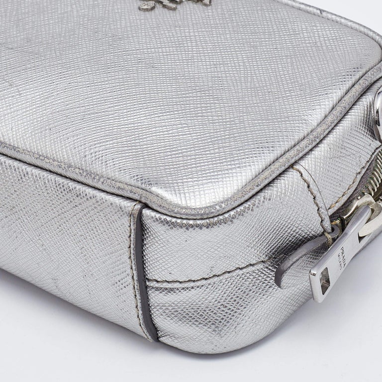 Prada Silver Leather Camera Crossbody Bag For Sale at 1stDibs