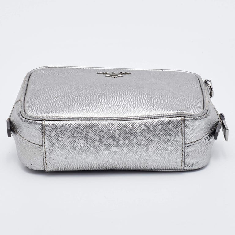 Prada Silver Leather Camera Crossbody Bag For Sale at 1stDibs
