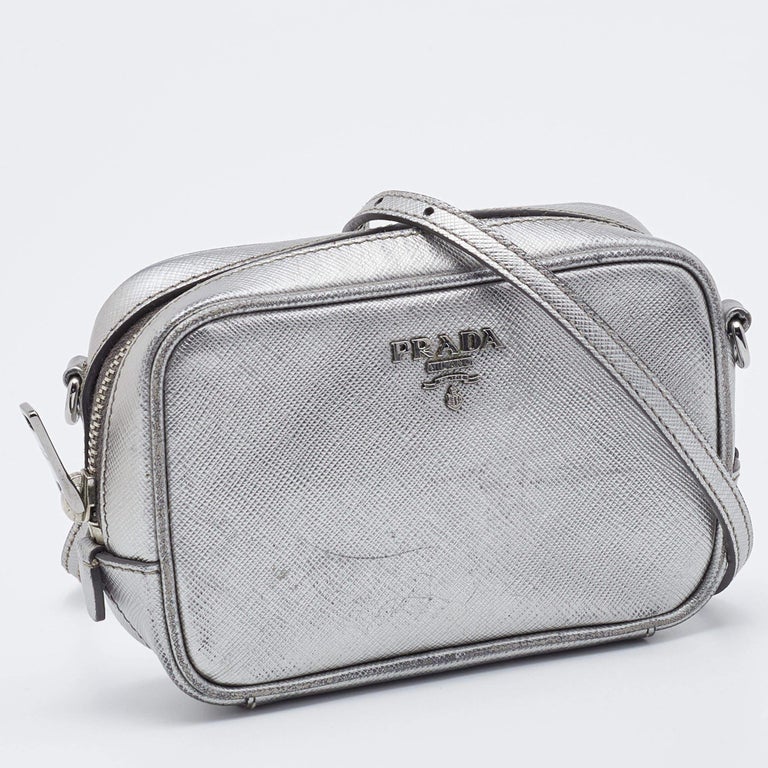 Prada Silver Leather Camera Crossbody Bag For Sale at 1stDibs