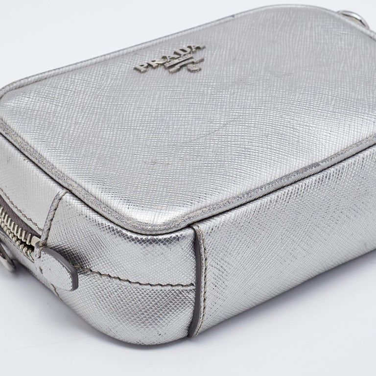 Prada Silver Leather Camera Crossbody Bag For Sale at 1stDibs