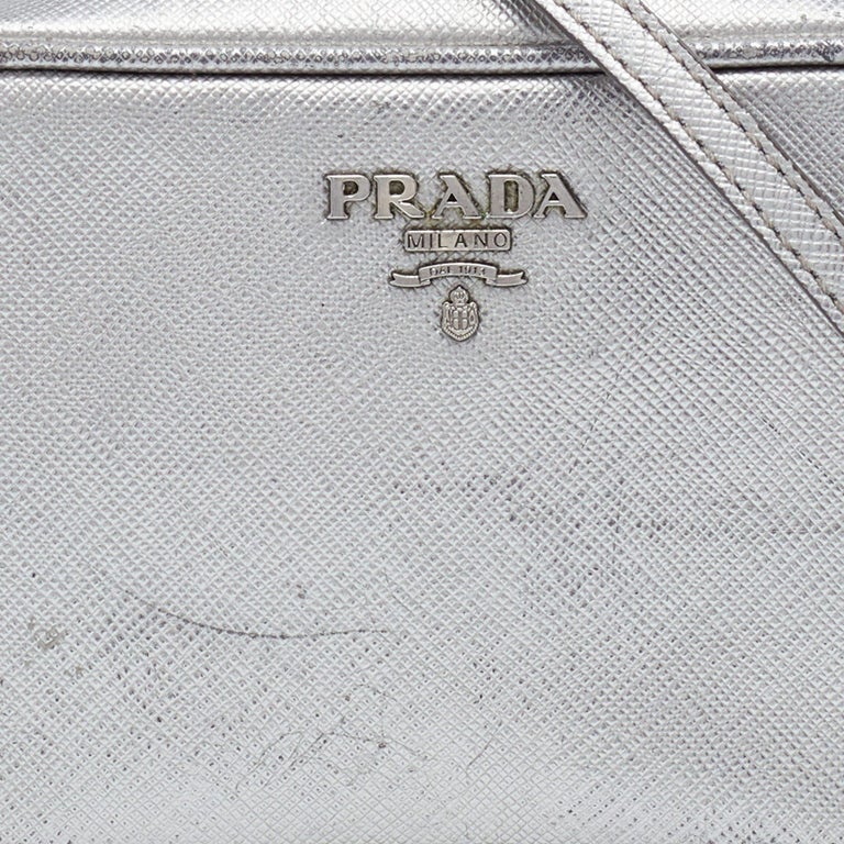Prada Silver Leather Camera Crossbody Bag For Sale at 1stDibs