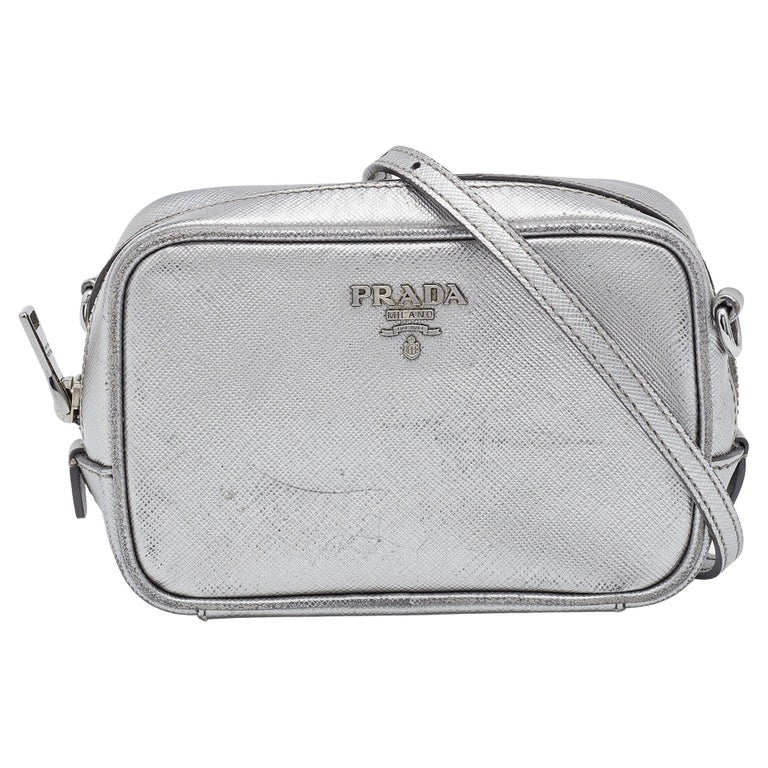 Prada Silver Leather Camera Crossbody Bag For Sale at 1stDibs
