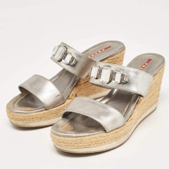 Prada Silver Leather Crystal Embellished Wedge Size 38.5