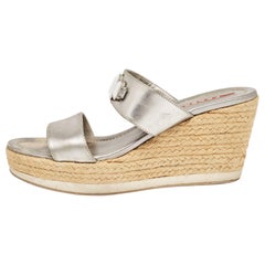 Prada Silver Leather Crystal Embellished Wedge Size 38.5