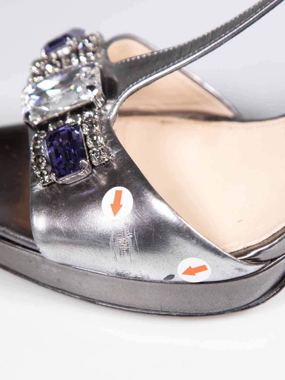 Prada Silver Leather Crystal T-Strap Sandals Size IT 39.5 For Sale 1
