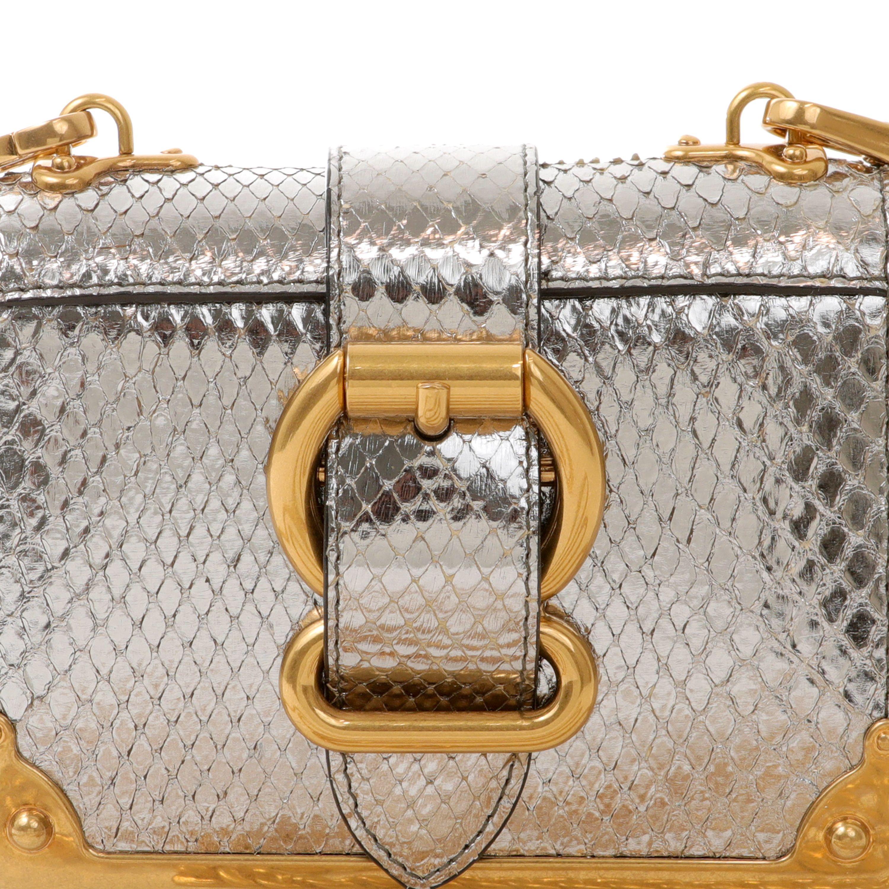 This authentic Prada Silver Lizard Micro Cahier Bag is in pristine condition.  Stunning exotic in mixed metallics; silver lizard skin with gold hardware.  Long gold tone chain strap. Dust bag included.

PBF 13768
