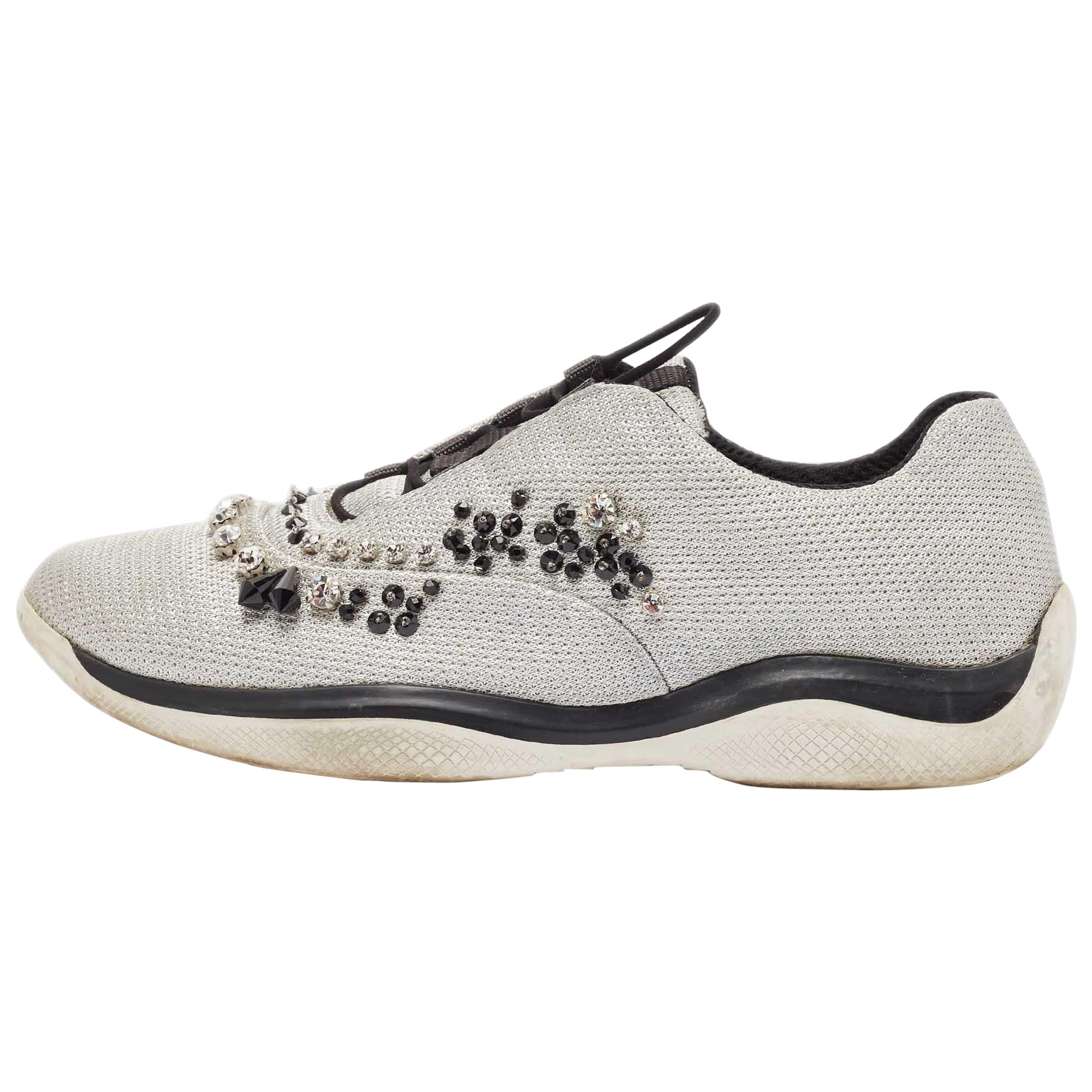 Prada Silver Mesh Crystal Embellished Lace Up Sneakers Size 41