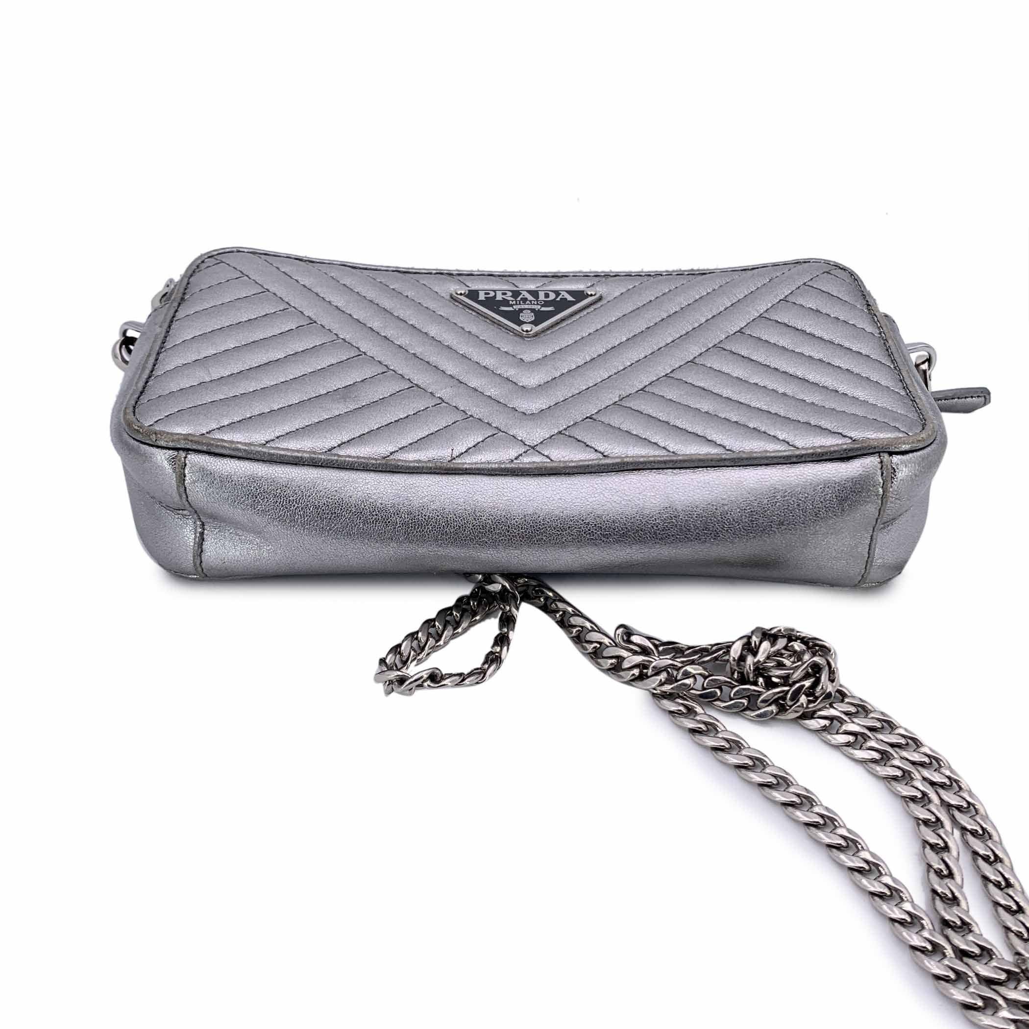 Women's Prada Silver Metal Quilted Leather Diagramme Wallet on Chain Bag For Sale