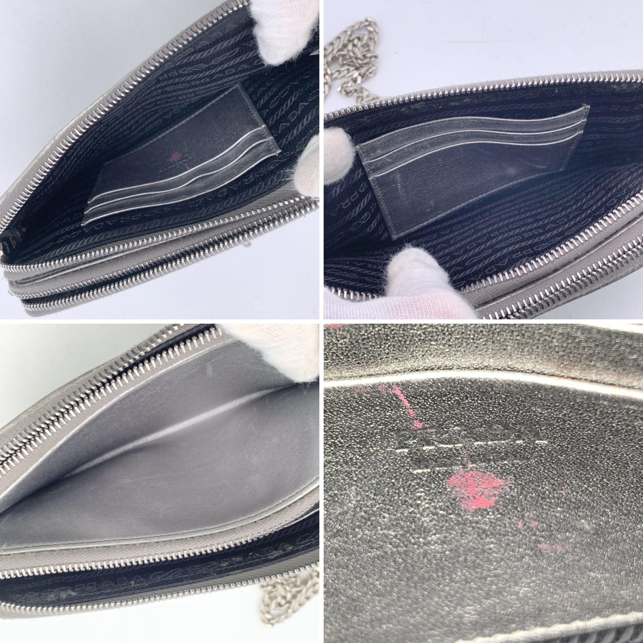 Prada Silver Metal Quilted Leather Diagramme Wallet on Chain Bag For Sale 1