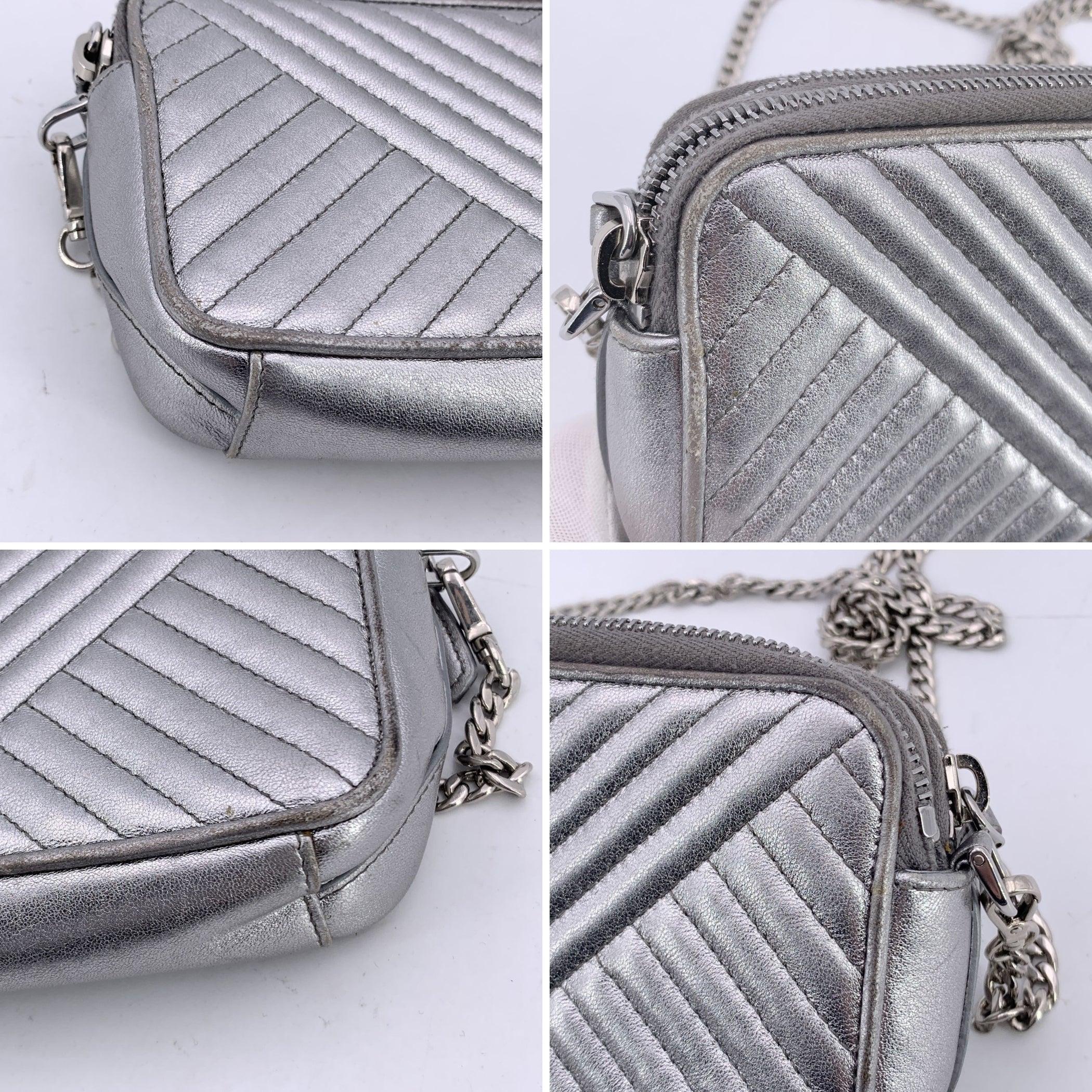 Prada Silver Metal Quilted Leather Diagramme Wallet on Chain Bag For Sale 2