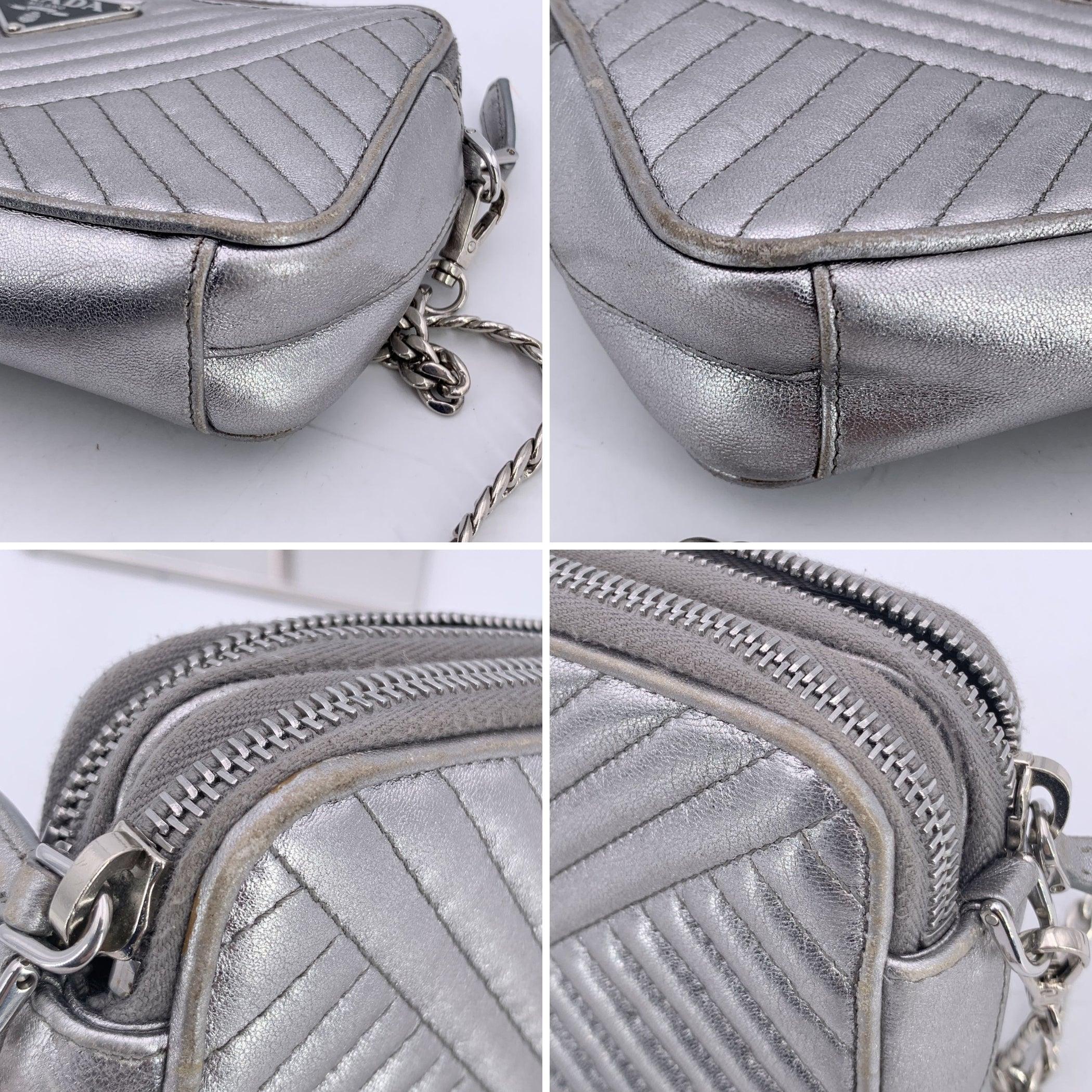 Prada Silver Metal Quilted Leather Diagramme Wallet on Chain Bag For Sale 3