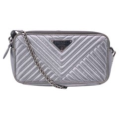 Prada Silver Metal Quilted Leather Diagramme Wallet on Chain Bag