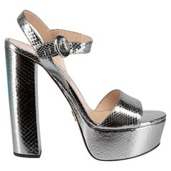 Prada Silver Metallic Embossed Platform Sandals Size IT 37