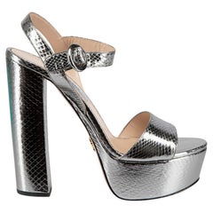 Prada Silver Metallic Embossed Platform Sandals Size IT 37