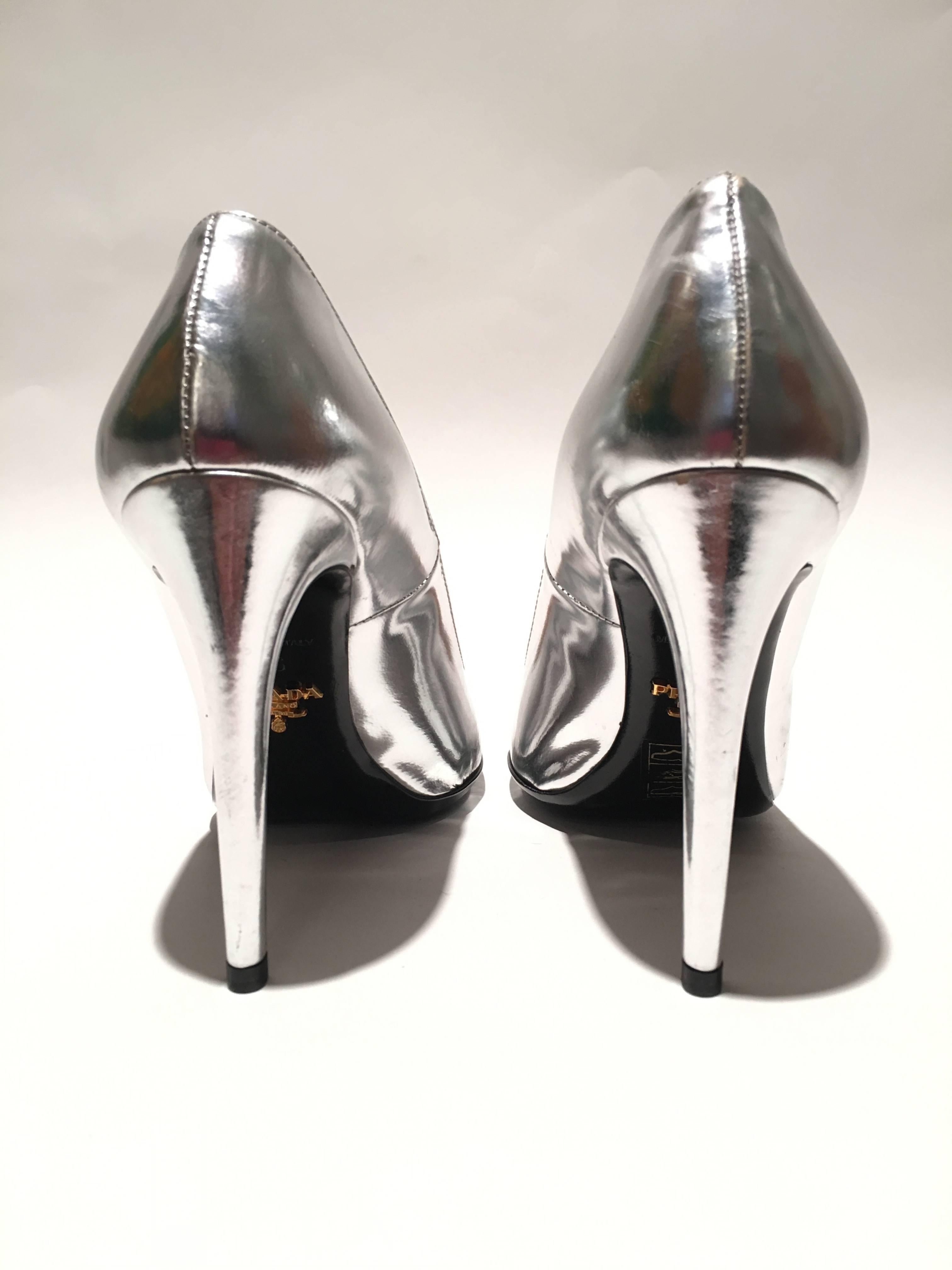Prada Silver Metallic Heels For Sale at 1stDibs