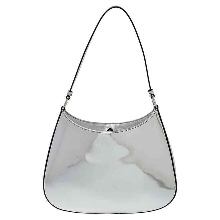 Prada Cleo Brushed Leather Shoulder Bag Women Silver - Fablle