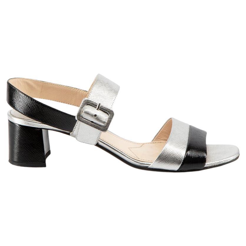 Prada Silver Open Toe Heeled Sandals Size IT 38 For Sale