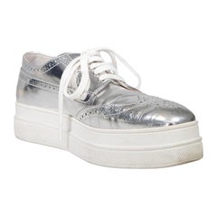 Prada Silver Patent Brogue Detail Flatforms Size IT 39