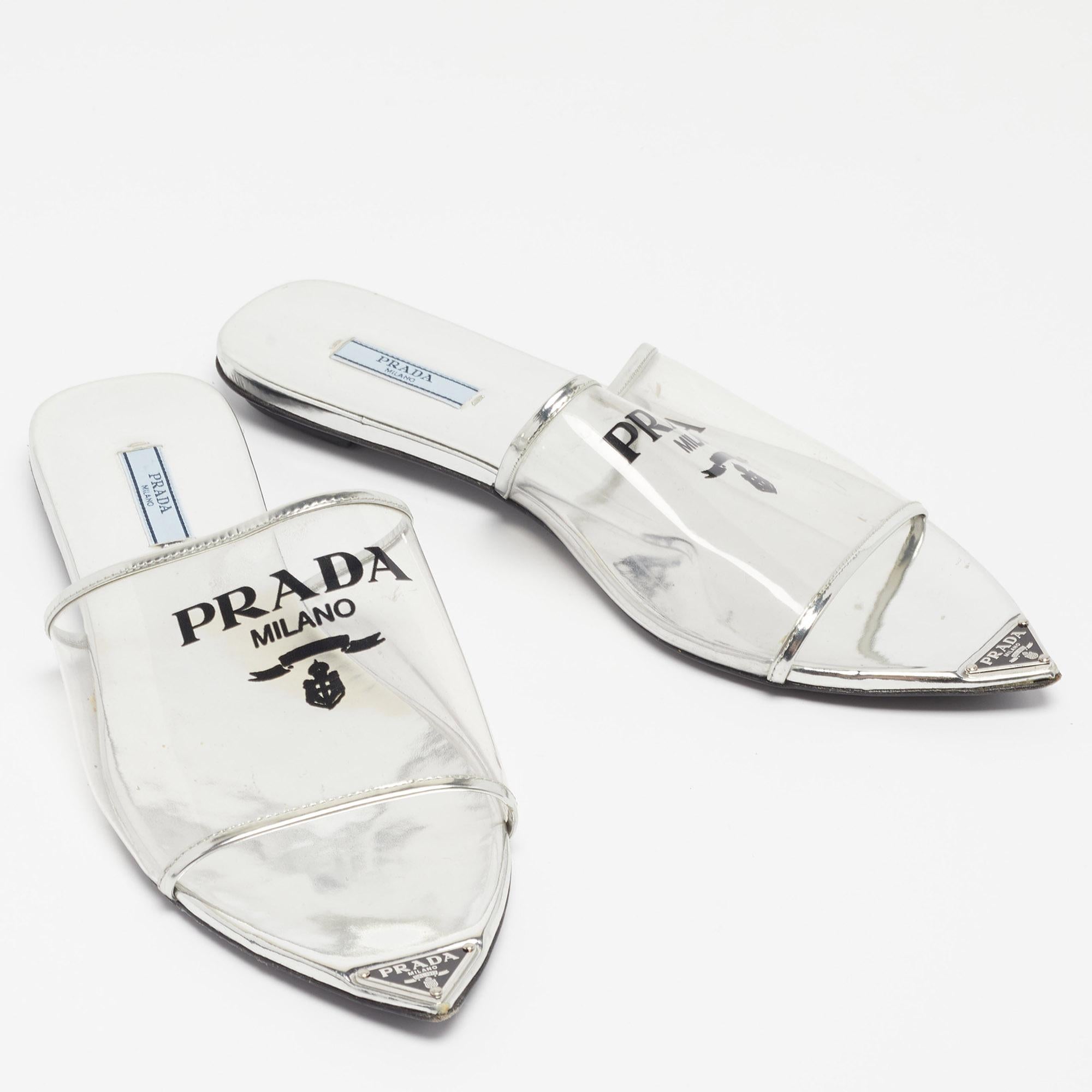 Women's Prada Silver Patent Leather and PVC Logo Flat Mules Size 40.5
