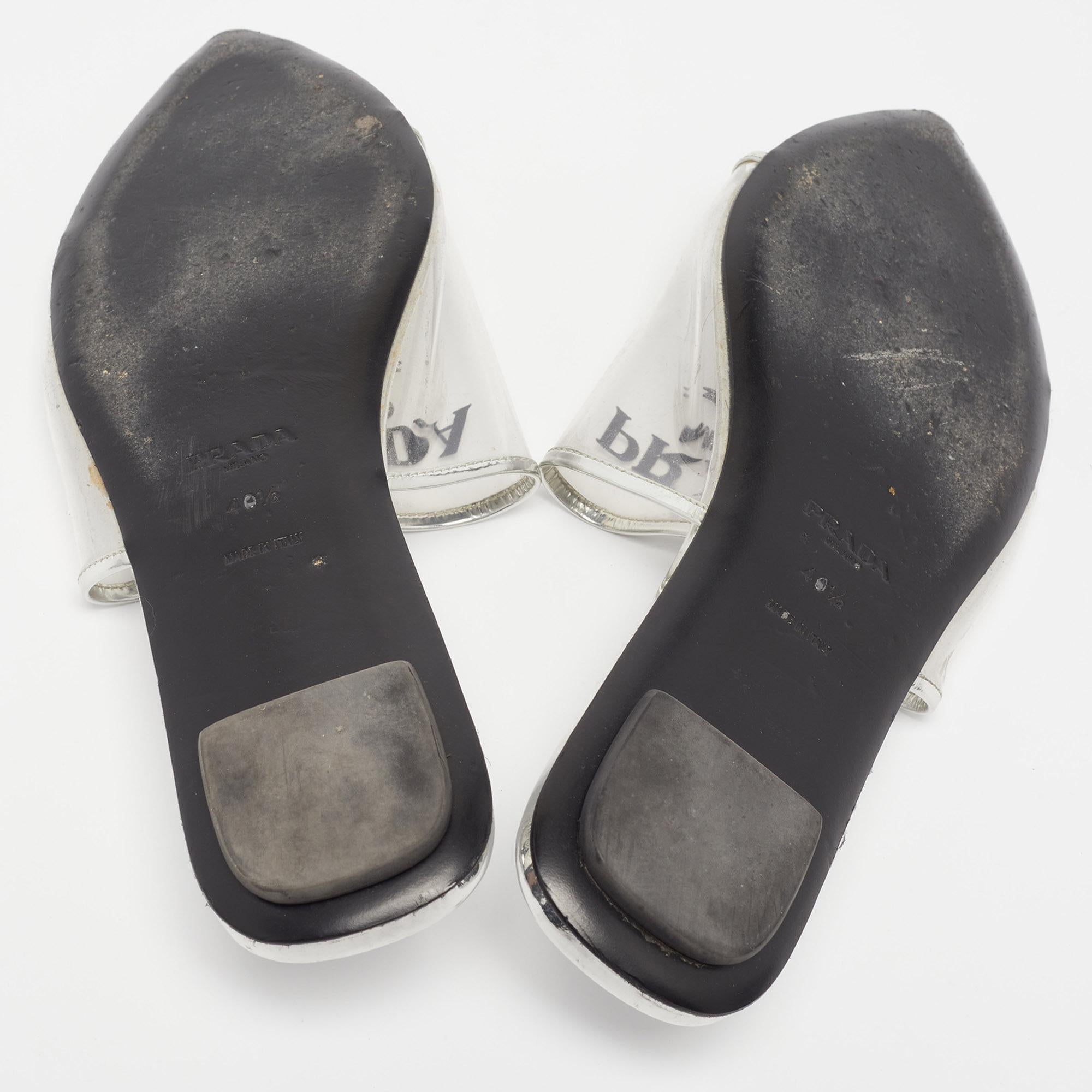 Prada Silver Patent Leather and PVC Logo Flat Mules Size 40.5 2