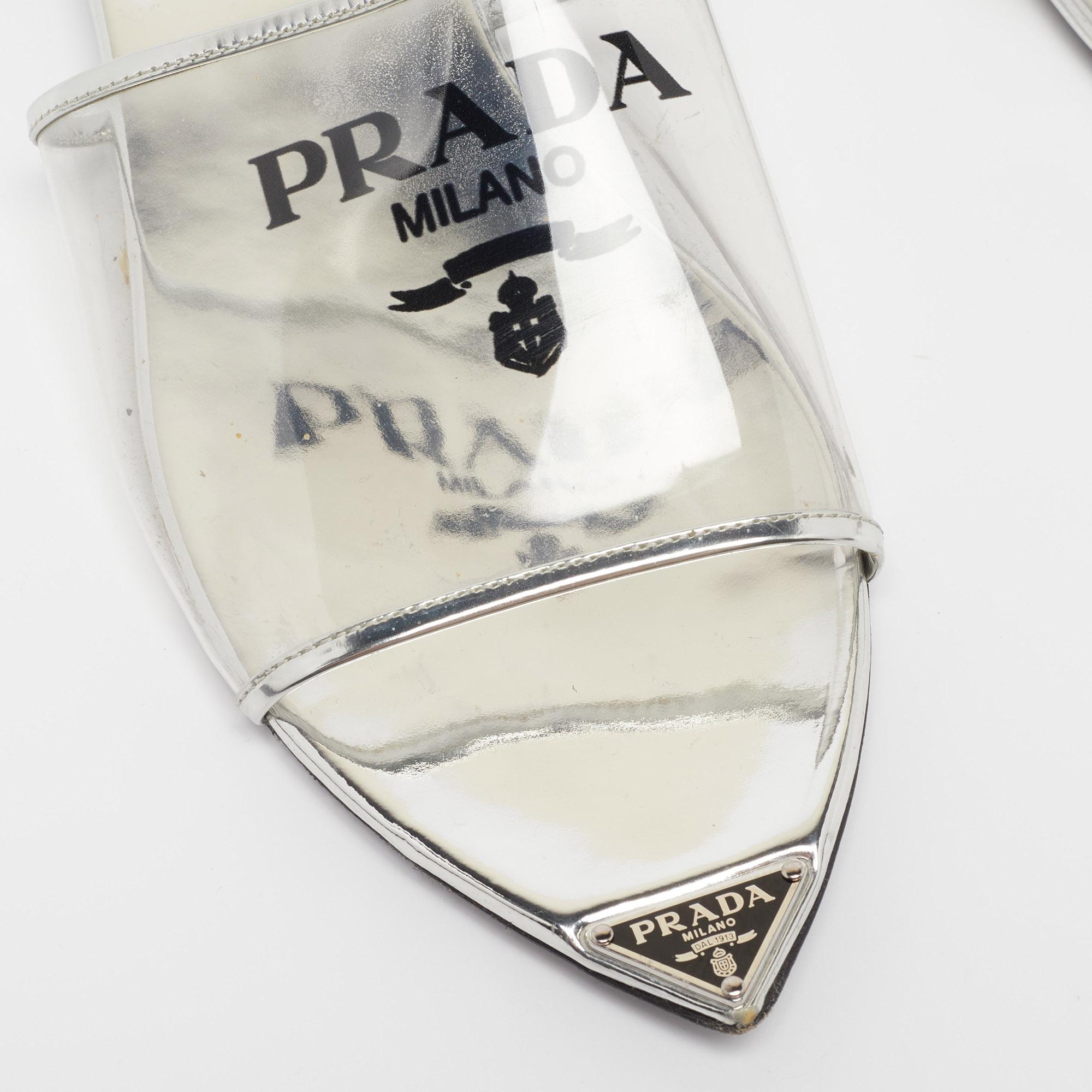 Prada Silver Patent Leather and PVC Logo Flat Mules Size 40.5 3