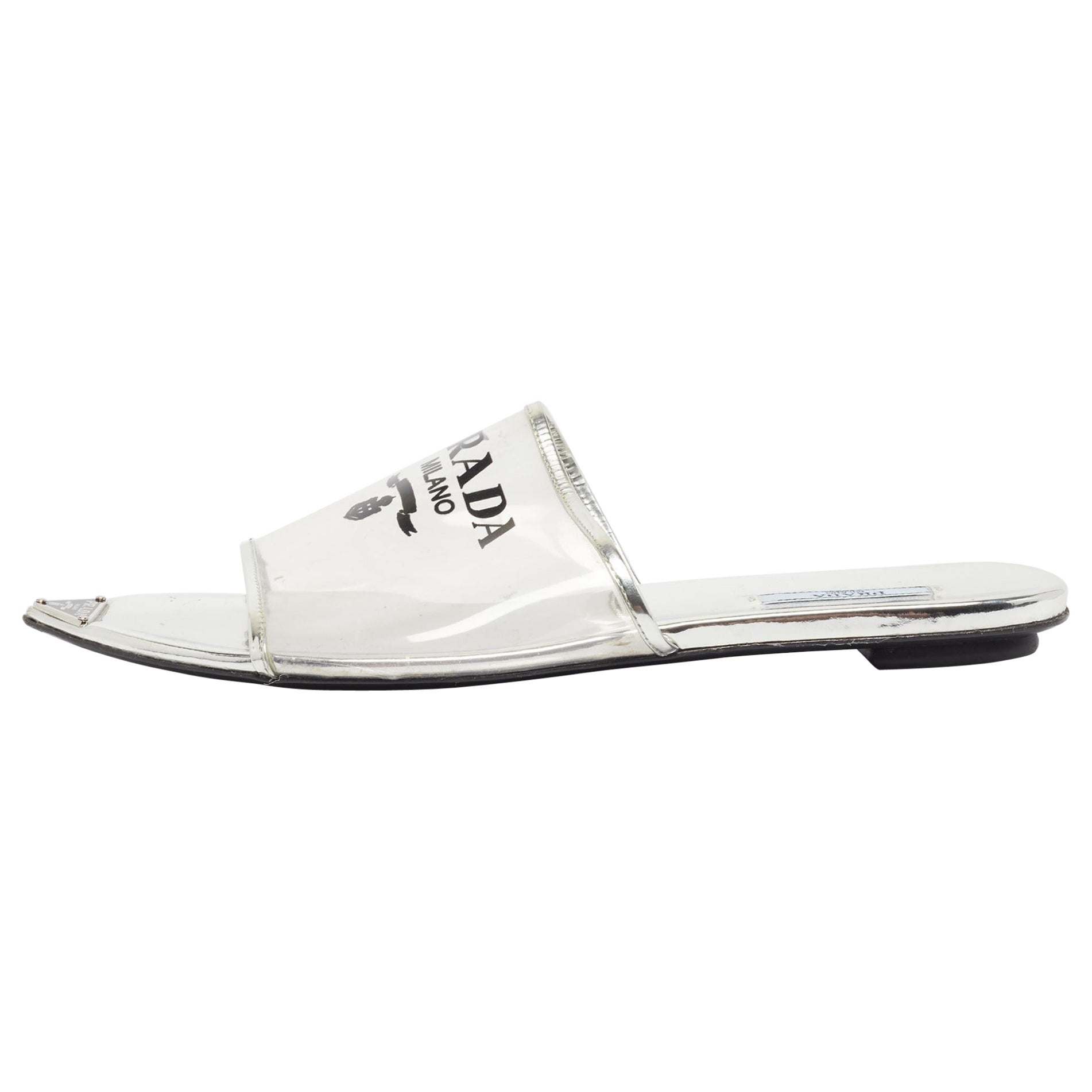Prada Silver Patent Leather and PVC Logo Flat Mules Size 40.5