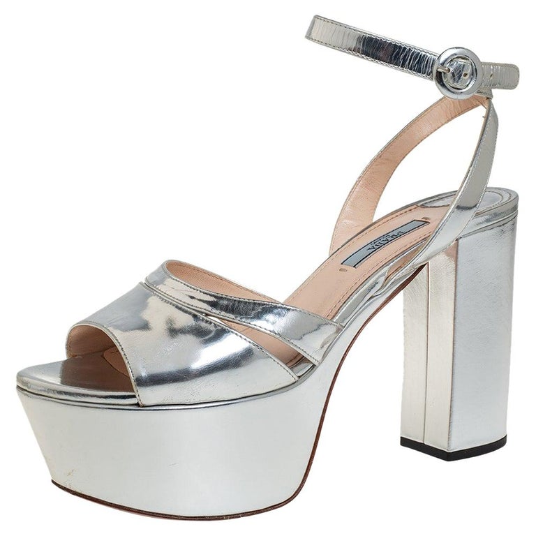 Prada Silver Patent Leather Open Toe Ankle Strap Platform Sandals Size 38.5  at 1stDibs | prada silver platform sandals, prada platform
