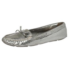 Prada Silver Python Embossed Leather Bow Slip On Loafers Size 39