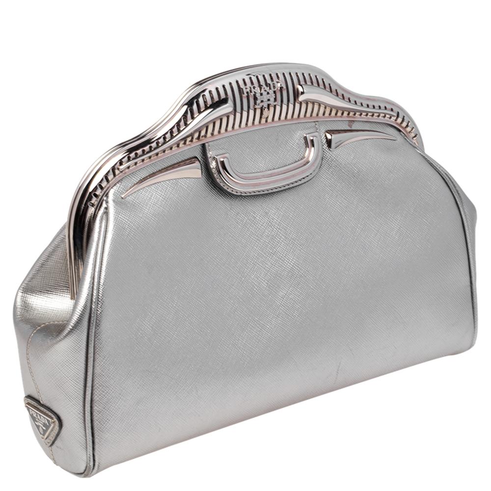 Prada Silber Saffiano Leder 50er Jahre Car Clutch Damen