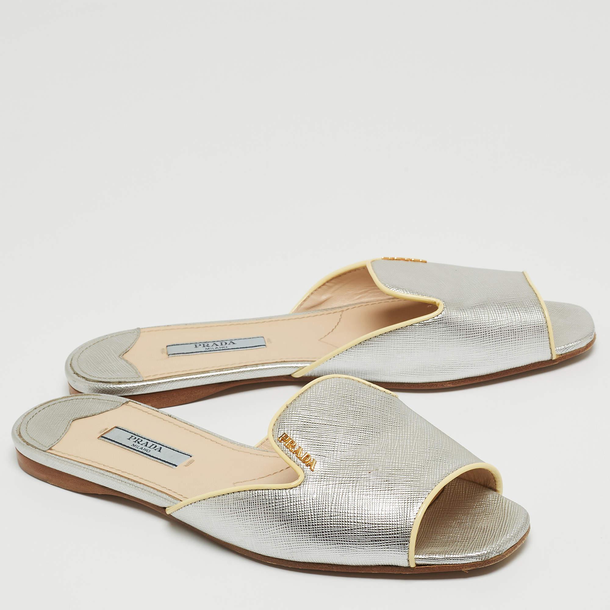 Women's Prada Silver Saffiano Leather Flat Slides Size 37.5