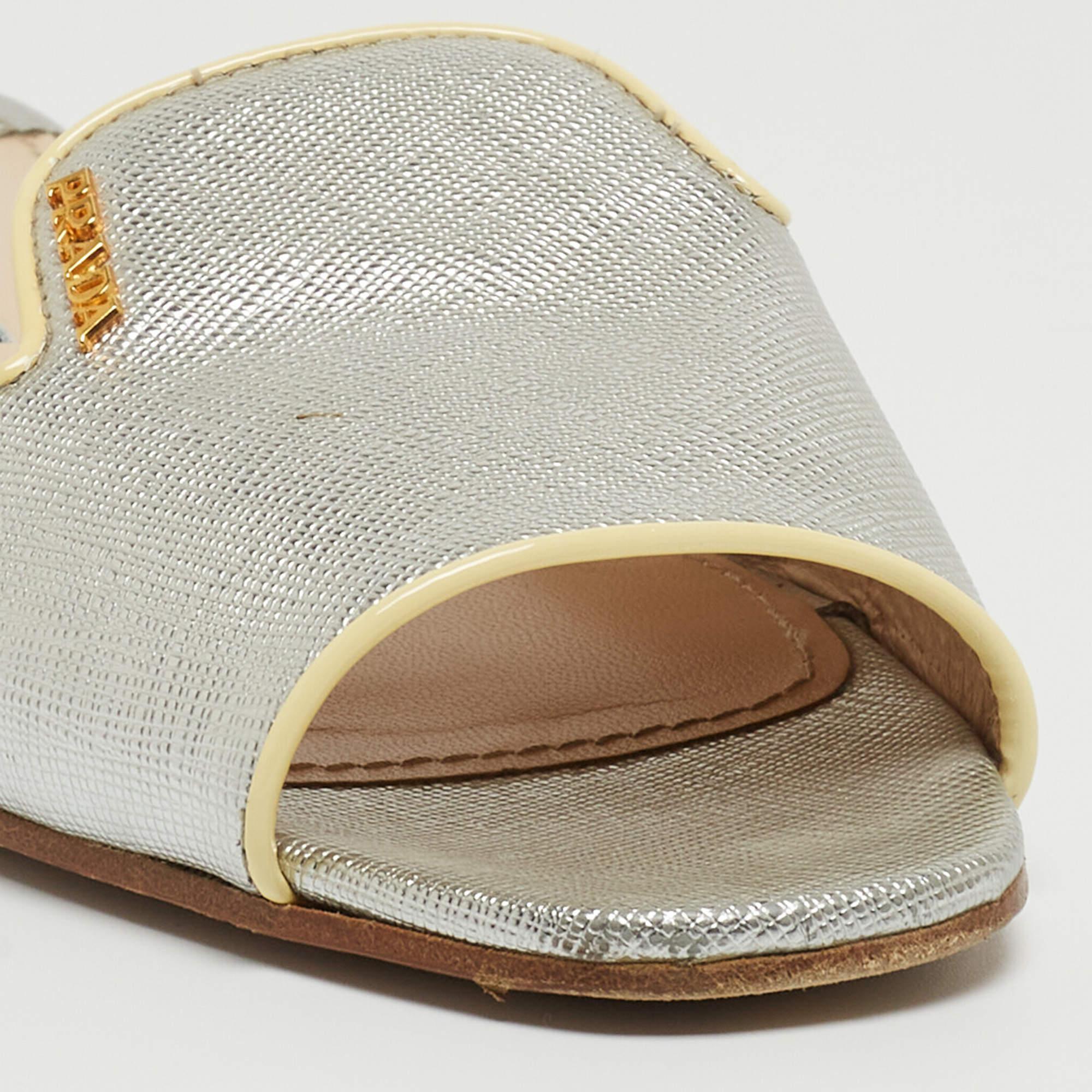 Prada Silver Saffiano Leather Flat Slides Size 37.5 3