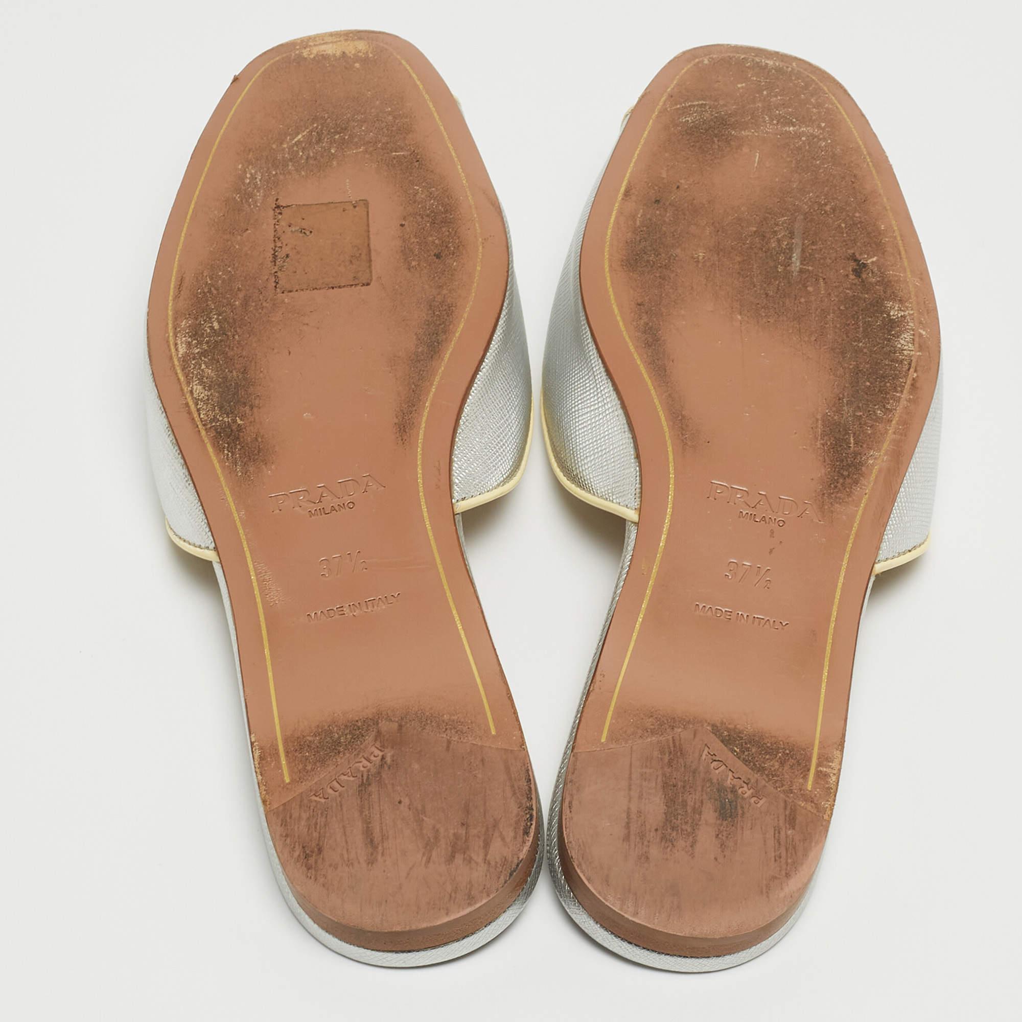 Prada Silver Saffiano Leather Flat Slides Size 37.5 4