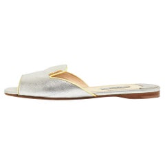 Prada Silver Saffiano Leather Flat Slides Size 37.5