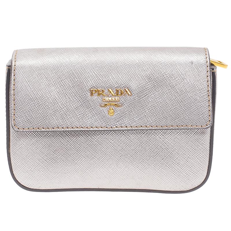 Prada Silver Saffiano Leather Mini Box Clutch