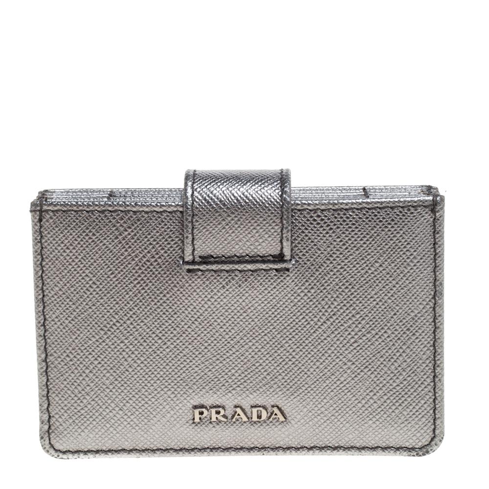 Prada Silver Saffiano Lux Leather Card Holder In Good Condition In Dubai, Al Qouz 2