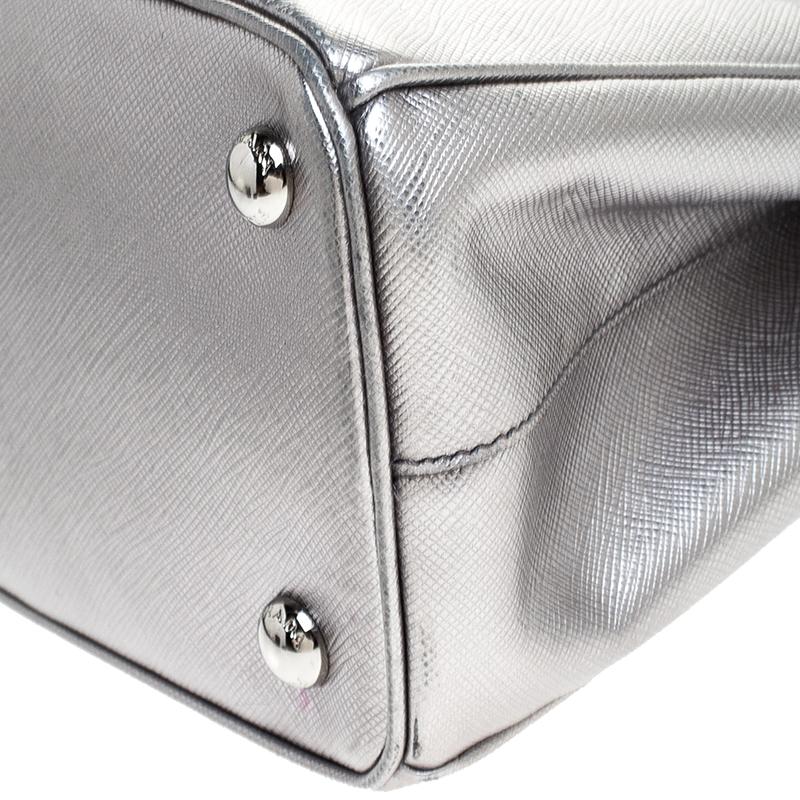 Prada Silver Saffiano Lux Leather Mini Double Zip Tote 2