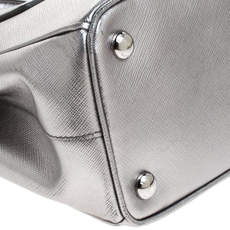 Prada Silver Saffiano Lux Leather Mini Double Zip Tote 3