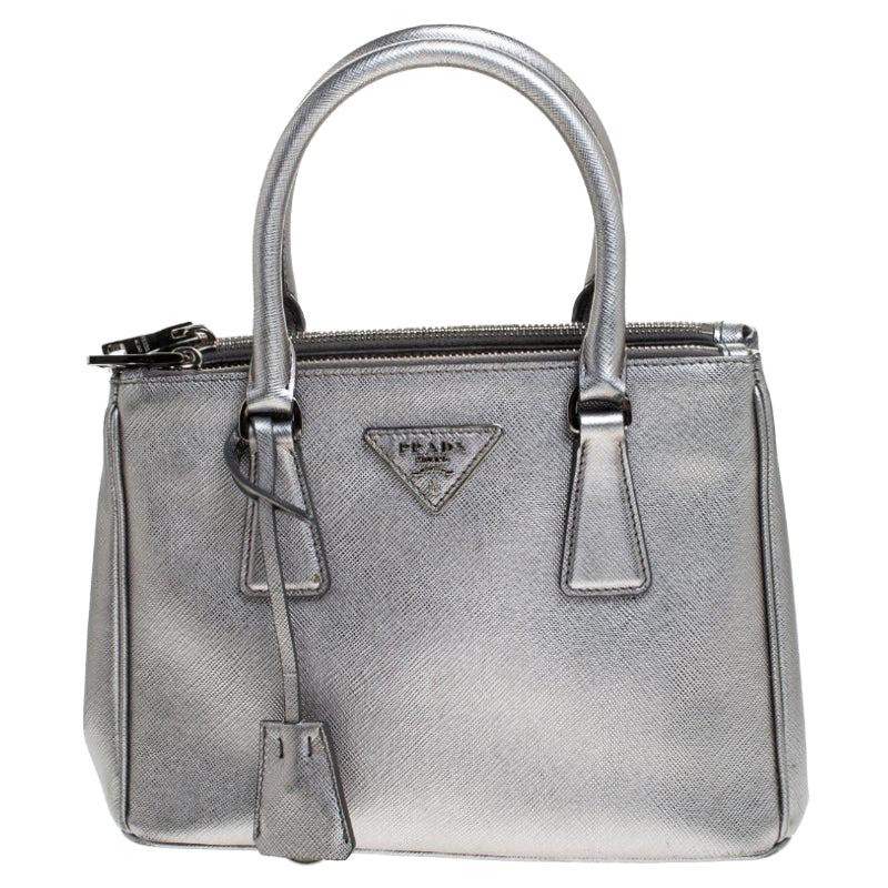 Prada Silver Saffiano Lux Leather Mini Double Zip Tote