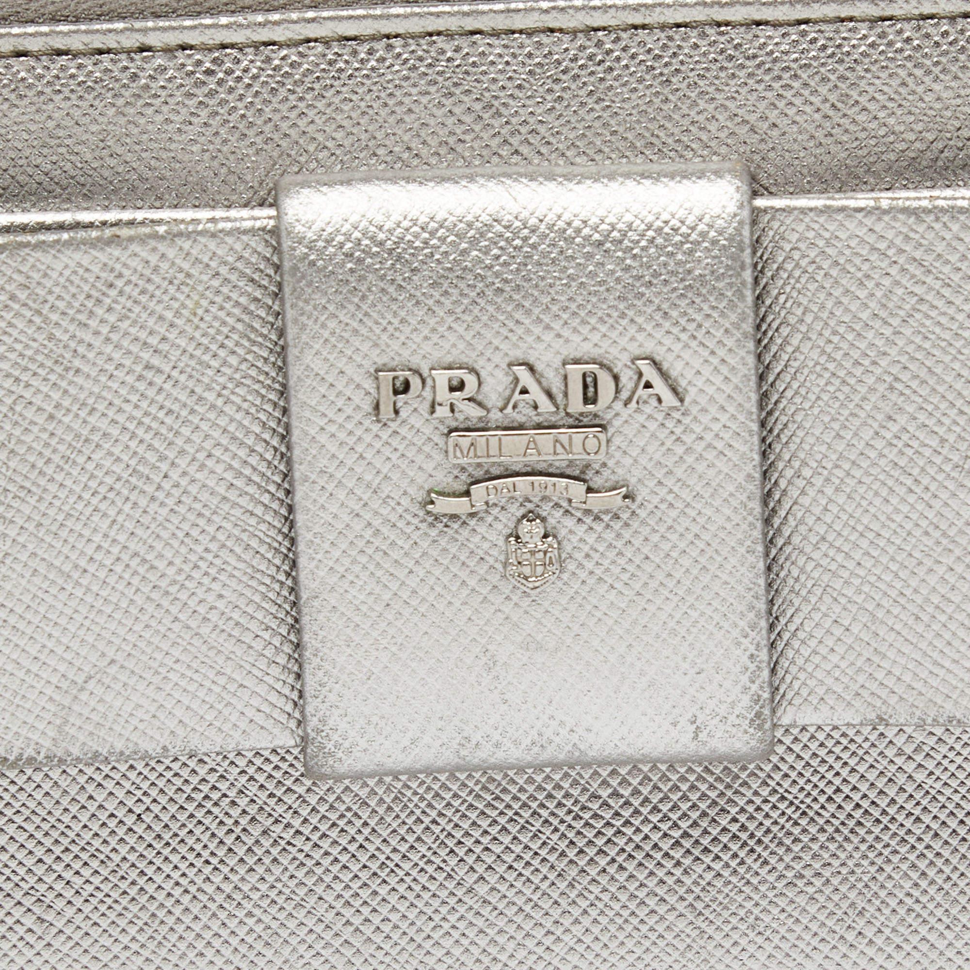 Prada Silver Saffiano Lux Leather Zip Around Wallet For Sale 1