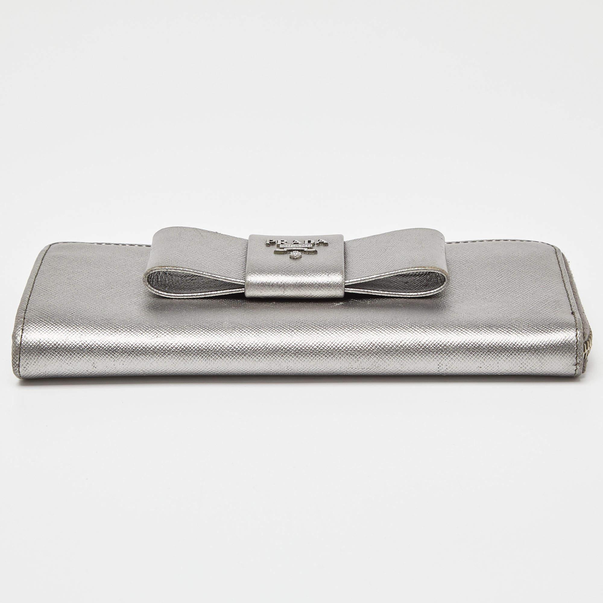 Prada Silver Saffiano Lux Leather Zip Around Wallet For Sale 2