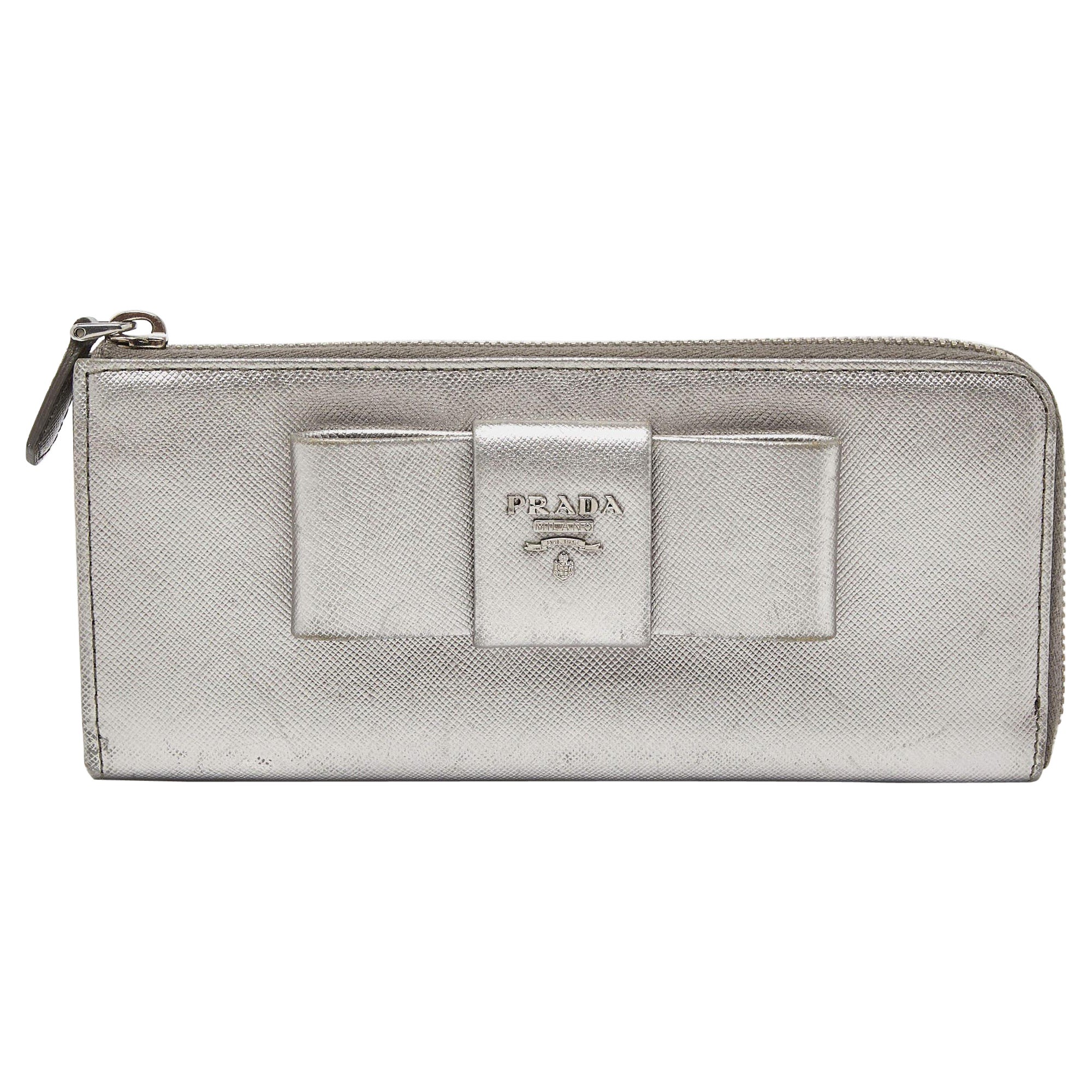 Prada Silver Saffiano Lux Leather Zip Around Wallet
