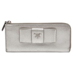 Prada Silver Saffiano Lux Leather Zip Around Wallet