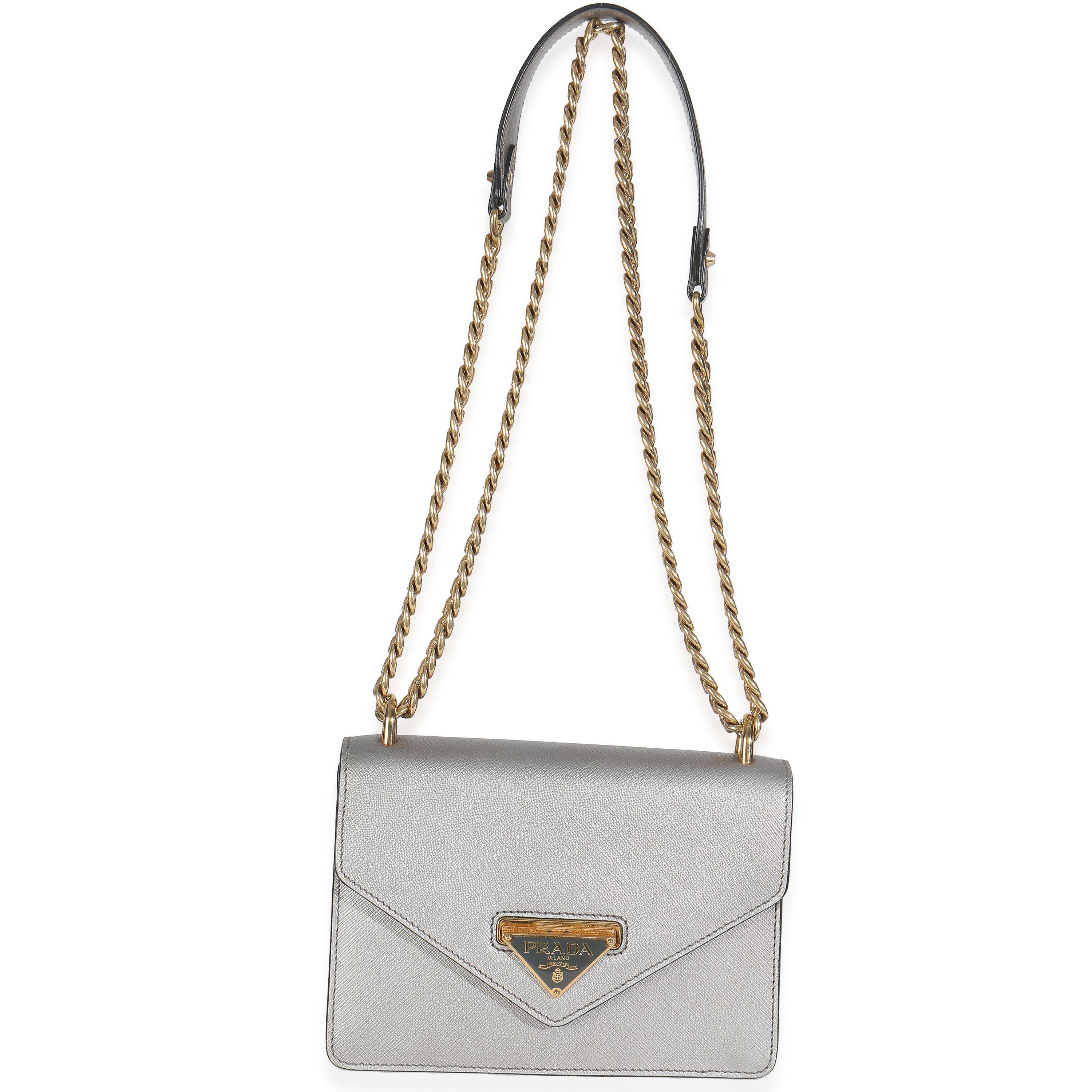 Prada Silver Saffiano Soft Calfskin Metal Triangle Logo Envelope Chain Bag en vente 1