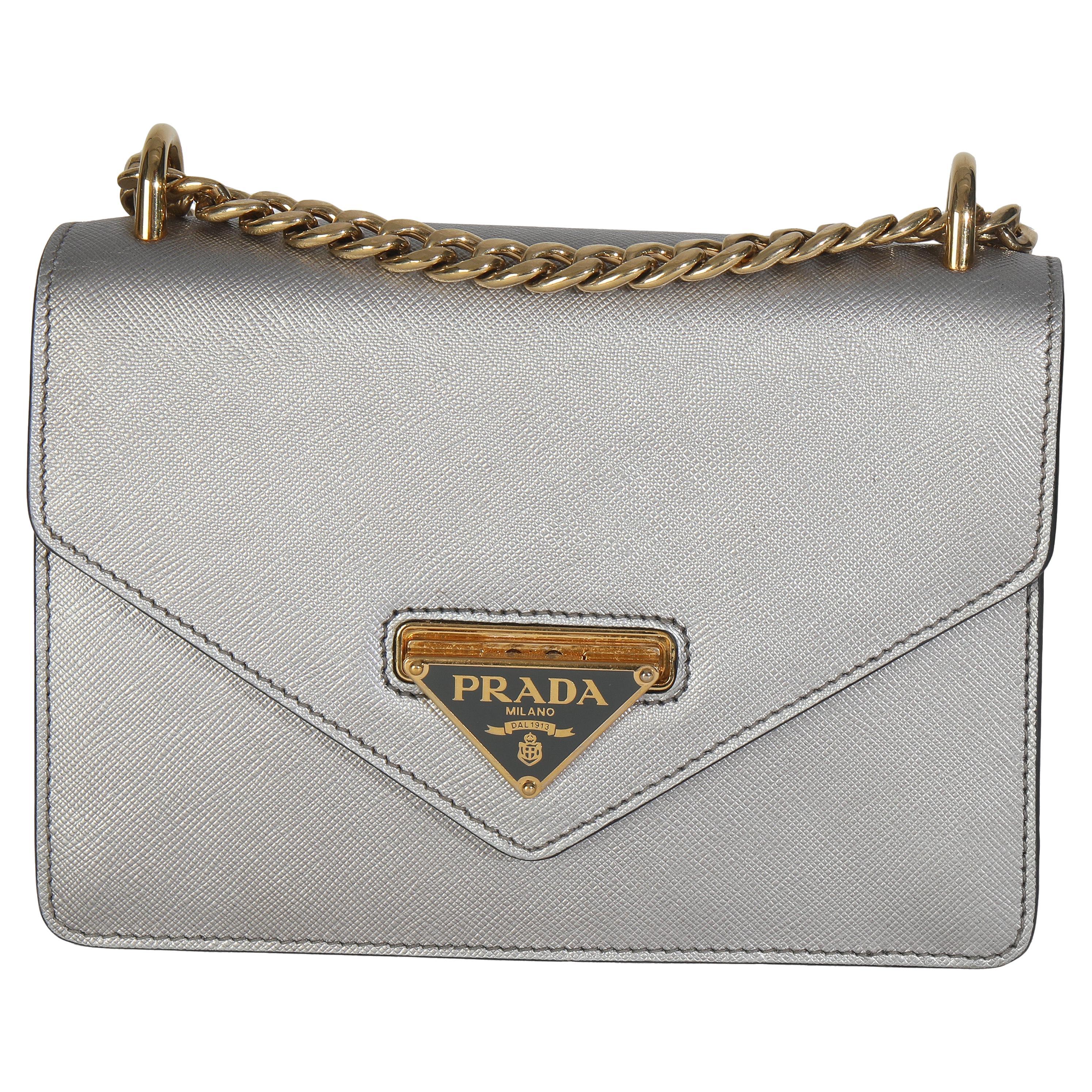 Prada Silver Saffiano Soft Calfskin Metal Triangle Logo Envelope Chain Bag